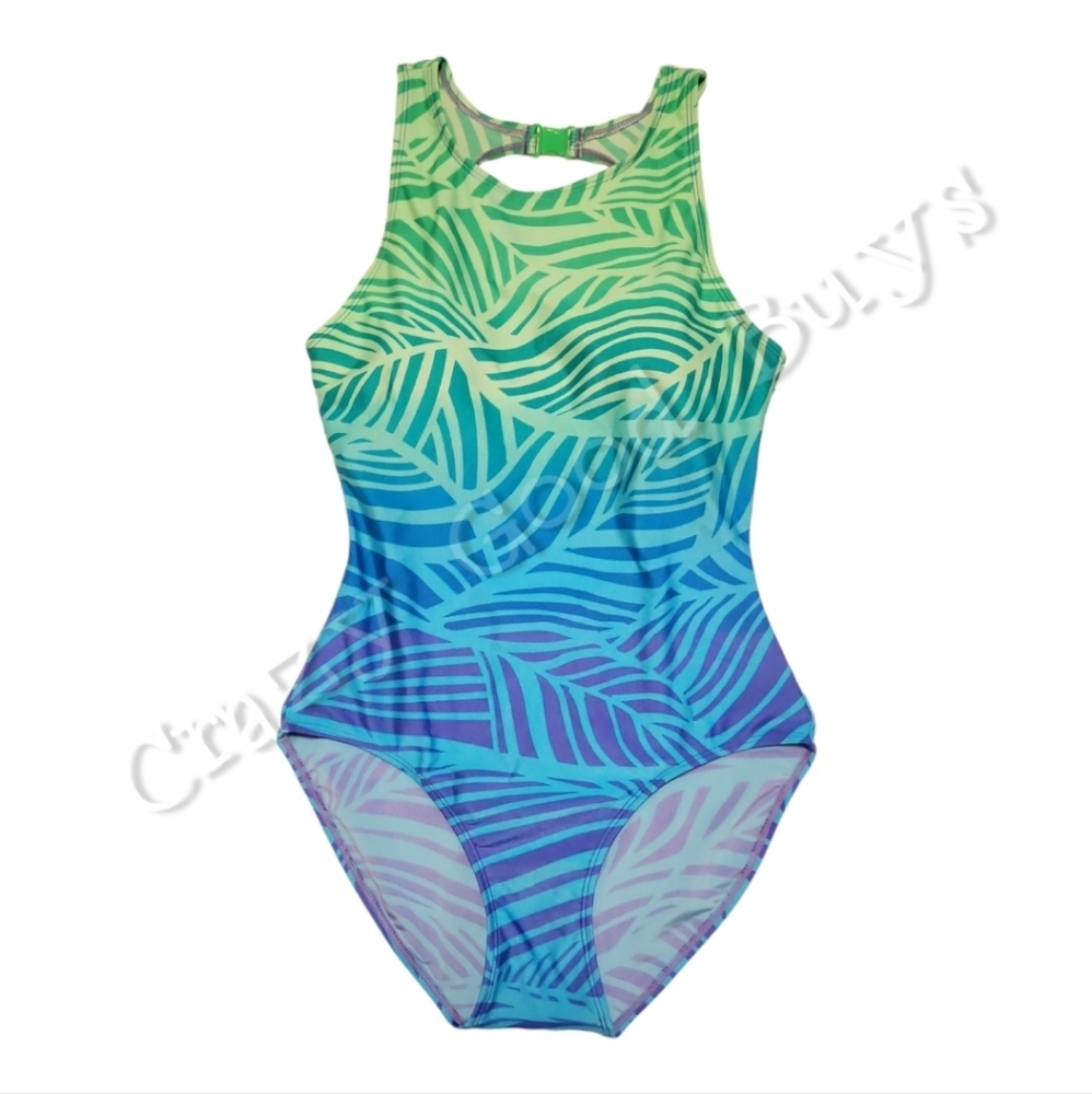 Kathy Ireland Tropical Leaves Ombre Green to Blue One-Piece Swimsuit, Size 8